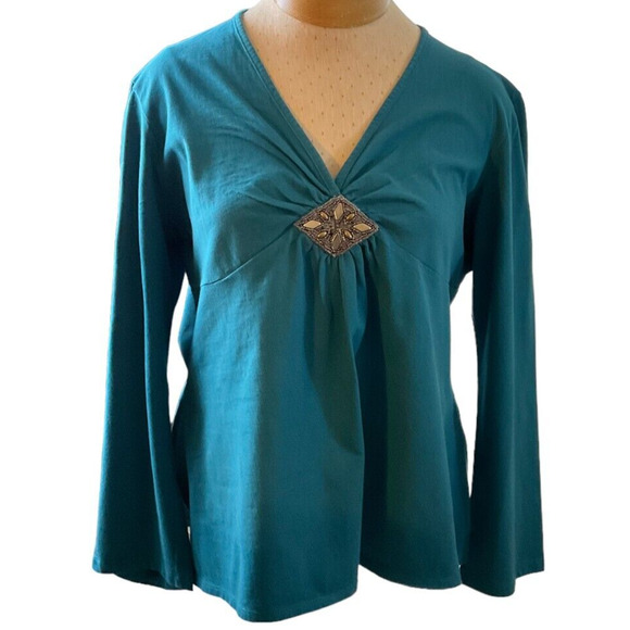 Nicki Nicole Miller Women's XXL Turquoise Blue Blouse Top Long Sleeve Caribbean - Picture 1 of 11
